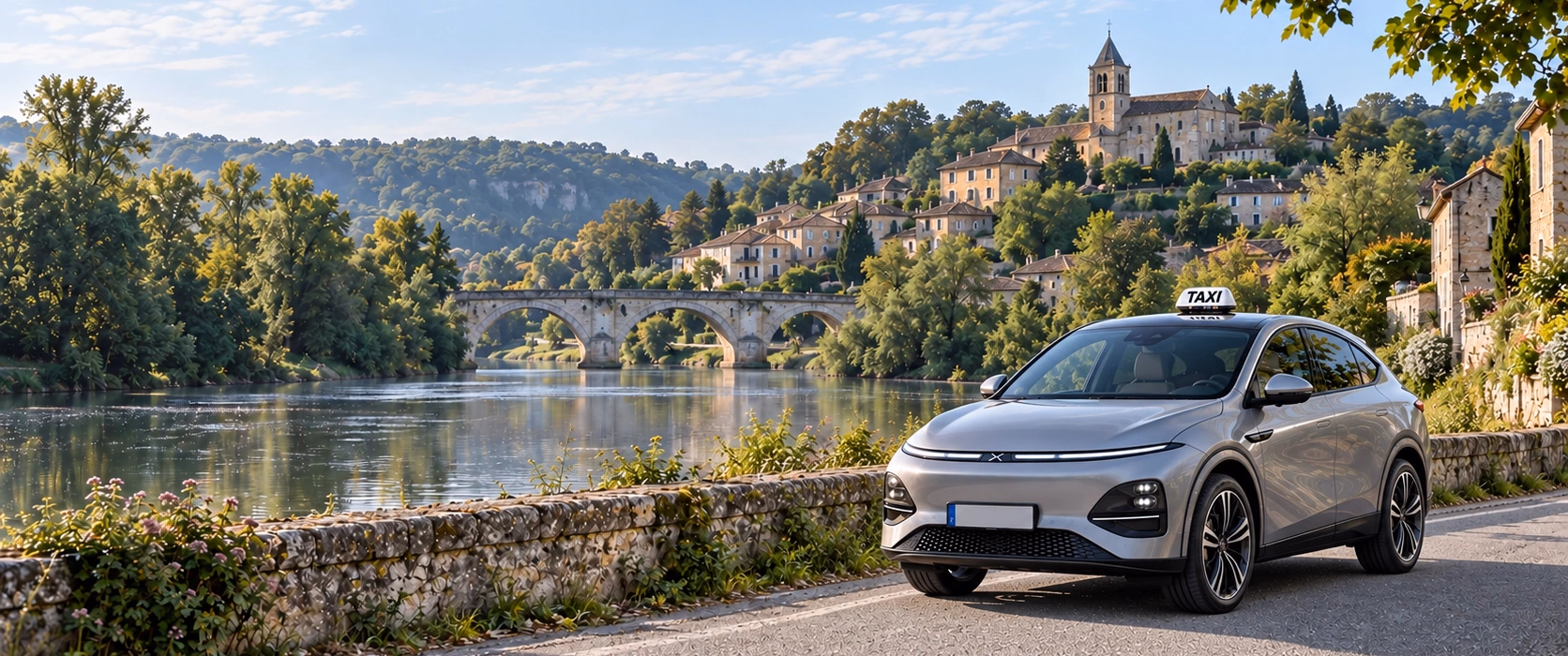 Illustration d’ambiance : une XPeng G6 grise dans un paysage de village, avec un pont et une rivière